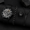Pack of 4 Black Watch, Chain Bracelet, Ring, Bar Locket Set for Men/Boys