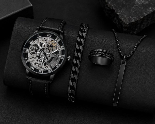 Pack of 4 Black Watch, Chain Bracelet, Ring, Bar Locket Set for Men/Boys
