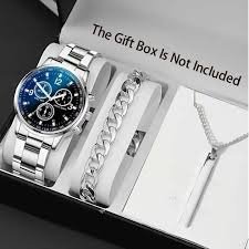 Pack of 3 Watch Set for Men Stainless Steel Analog Quartz Watch with Accessories Fashion and Luxury Style Multiple Colors